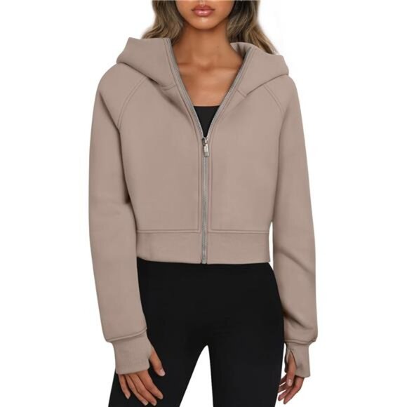 Women's Zip-Up Cropped Hoodie – Fleece Sweatshirt, Casual Hooded - Picture 1 of 7